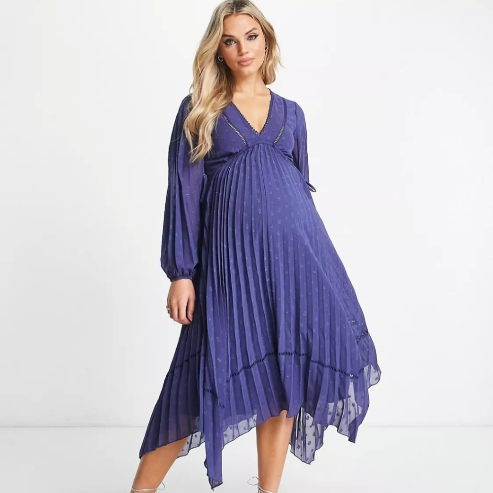 Asos Maternity V Front Trim Detail Pleated Textured Midi Dress in Navy